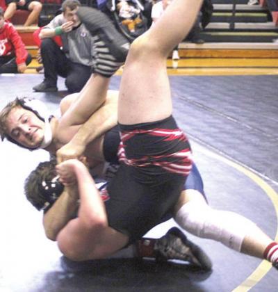 HTRS/P.C.’s Brandt Leech takes down his opponent at the JCC Invitational on Saturday.