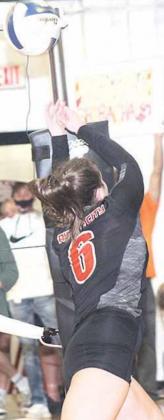 P.C.’s Larissa Tegtmeier (#6) makes a save at the net in the Lady Indians’ game against Sterling on Thursday. P.C. lost in two sets by scores of 24-26, 14-25. Paula Jasa/Republican