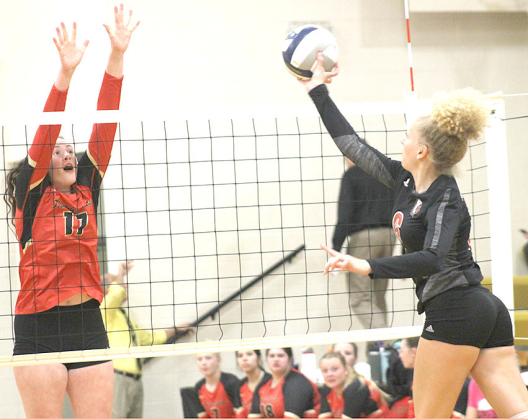 Pawnee City’s Madelyn Osborne (#6, right) goes up for a tip against Johnson County Central in Thursday night’s game. Pawnee City lost in three sets, 12-25, 1525, 12-25 to the Clas C-2 Lady Thunderbirds. Paula Jasa/Republican