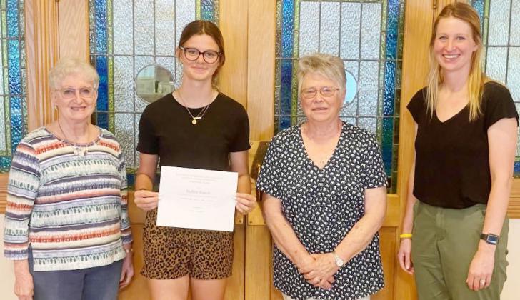 “Pictured: (l to r) Trudy Fankhauser (SNARSP scholarship committee member), Mallory Branek (2023 scholarship recipient), Sharon Bogle (SNARSP scholarship committee member), and Lisa Blecha (Pawnee City Schools Guidance Counselor). Not pictured, Sherry Kermoade (SNARSP committee