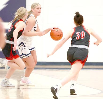 HTRS’ Jaylie McNealy (center) brings the ball up the court against Southern. photo courtesy of Lorrie Novak
