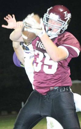 LHS’ Jonathan Janssen (#35) catches a big first down pass for the Tigers. Paula Jasa/Republican
