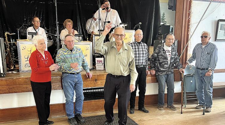 In January of 2023, Bob brought some of the members of Bob Blecha and the Bouncing Czechs from over the years to the floor during a dance at the DuBois ZCBJ Hall. From left, Elsie Stastny Tomek, “Table Rock Bob” Blecha, Bob Blecha, Milan Tomek, Edward Tomek, and Bob Stepanek. Son Greg Blecha and others were not present that day.