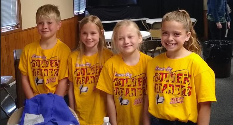 Photo of the group that won 3rd place in the Golden Readers Contest (from Pawnee City). From left to right: Jace Rauner, Vanessa Gottula, Camryn Fetherkile, Alana Gyhra