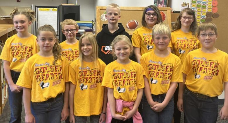 Photo of all students participating in the Golden Readers contest from grade 3 through 7 (from Pawnee City): Front Row: (left to right) Alana Gyhra, Vanessa Gottula, Camryn Fetherkile, Jace Rauner, Lane Johnson, Back Row: Aubrey Sisco, Ezekiel Ferebee, Kashton Ries, Isabella Seitz, Jetta Utter.