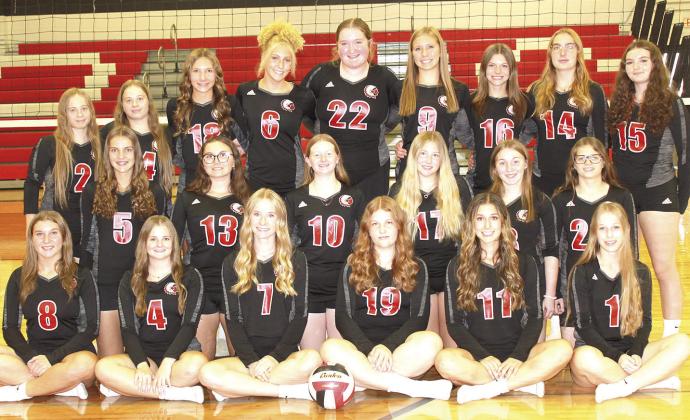 Members of the 2024 Pawnee City Volleyball team are front, from left: Cameron Ottersberg, Madolyn Gottula, Adrian deKoning, Embla Isdal- Rogni, Logan Maloley, Cara Pierce. Second row: Emalyse Gottula, Shayla Puhalla, Kailey Hartman, Abby Dietrich, Kaylee Turnbull, Breonna Gyhra. Back row: Ericca Gyhra, Denielle Gyhra, Kinsley Benson, Maddy Osborne, Addy Sisco, Haylee Plager, Taelyn Blecha, Addison Petersen, Ashlyn Puhalla. Not pictured: Head Coach Jordan Amundson, Asst. Coaches Kacie Gyhra and Lisa Blecha