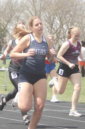 Humboldt Table Rock Steinauer’s Laramie Glathar finishes strong in the girls’ 400 M. Dash. photo courtesy of Ann Wickett/Tecumseh Chieftain