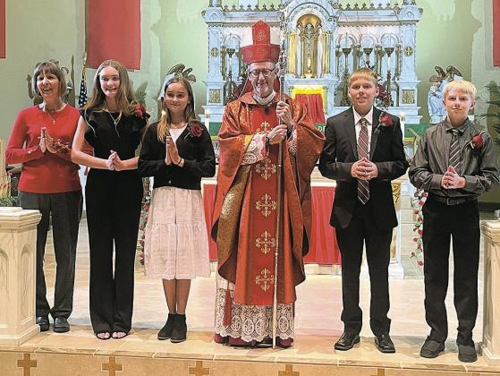Pictured left to right - Marcia Borcher (confirmation instructor), Aubrey Sisco, Kenzie Oenbring, Bishop Connley, Ryan Plager and Owen Bernadt Tuesday, October 22, 2024 Steinauer St. Anthonys and Burchard Sacred Heart welcomed Bishop Connley, Bishop of the Lincoln Diocese, to celebrate mass at St. Anthonys and confirm Aubrey Sisco, Kenzie Oenbring, Ryan Plager and Owen Bernadt.