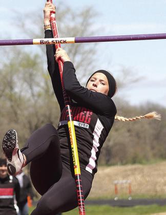 Paula Jasa/Republican P.C.’s Madison Fender elevates in the girls’ Pole Vault event.
