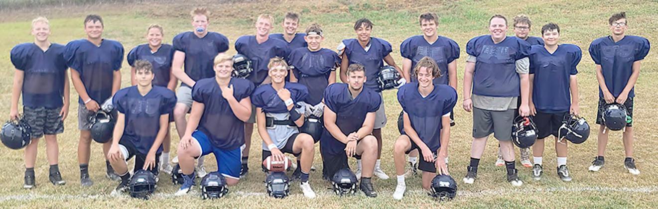 Members of the 2022 HTRS football team are front, from left: Peio Uribe-Rodriguez, Ryken Davis, Brandt Leech, Ty Faulks, Arthur Penisson. Back row: Jon Koch, Hunter Bohling, Emmett Glathar, Colt McClarnen, Brogan Dunlap, Brennen Vaughan, Alex Koziol, JJ McQueen, Dayton Eppens, Levi Koch, River McNeely, Carson Refsdal, Kiffen Hunzeker. Not pictured: Clayton Howe, Jon Church.