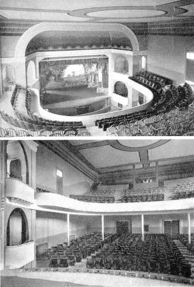 Pawnee City Opera House. Top looking down on the stage from the balcony. Bottom looking out at the seating.