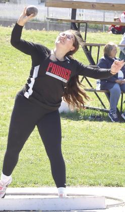 P.C.’s Shayla Puhalla goes for a big toss in the girls’ Shot Put event at the Pioneer Conference Track Meet. Paula Jasa/Republican