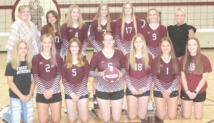 Members of the 2022 Lewiston volleyball team are front, from left: Justice Currie, s.m., Madeline Janssen, Kiersten Rehrs, Sara Wiemers, DeLanye Currie, Leah Christen, Jenna Anderson, s.m. Back row: Asst. Coach Emily Bohling, Jaqueline Mullins, Emma deKoning, Katelyn Sanders, Meagan Sanders, Carleigh Weyers, Coach Whitney Antons.