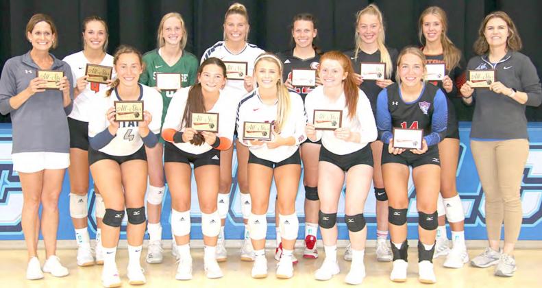 EAST ALL-STAR VOLLEYBALL TEAM – Pictured are front, from left: Natalie Novak, HTRS; Ava Lovitt, Diller/Odell; Molly Ramsey, Norris; Alexis Hoover, Nebraska City and Jami Gabriel, Palmyra. Back row: Head Coach Kara Engles, HTRS; Addison Heidemann, Diller/Odell; Jessie Moss, Syracuse; Kalli Kroeker, Norris; Austin Branch, Pawnee City; Taylor Buchmeier, Johnson-Brock; Kaitlyn Church, Beatrice and Asst. Coah Kylie Hein, Lourdes Central Catholic. photo courtesy of Lorrie Novak