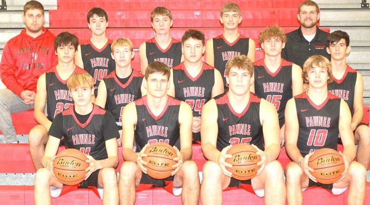 Members of the 2021-22 Pawnee City Boys’ Basketball team are front, from left: Kylenn Koester, Bryce Gyhra, Simon Osborne, and Kyle Gyhra. Second row: Anthony Kling, Justin Pierce, Joseph Marteney, Gavin Baker, and Philip Layne. Third row: Asst. Coach Mason Amundson, Jett Farwell, Drew Menninga, Garrison Bowhay and Head Coach Hadley Sejkora. Not pictured: Brysen Horst.
