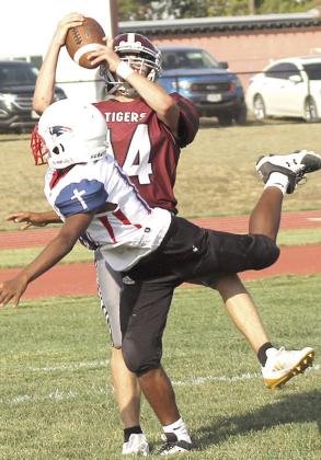 Lewiston’s Payton Heideman (#14, back) makes a spectacular touchdown catch over Parkview Christian’s Harlem McGinnis (#18, front) to help give the Tigers a 34-6 advantage over the Patriots at the half. Heideman had 2 catches for 42 yards. Paula Jasa/Republican
