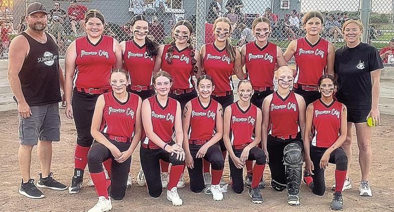 Picture of the PC team. Back row left – right: (Head Coach) Mark Sunneberg Jr, Lilah Yunghans, Ava Schlund, Ashlyn Puhalla, Ainsley Rauner, Aubrey Sisco, Kailyn Jensen, (Assistant Coach) Brittany Sunneberg; Front row left – right: Amelia Strathman, Mallory Hall, Mercy Mclaughlin, Vanessa Gottula, Emma Turnbull, Sophia Sunneberg