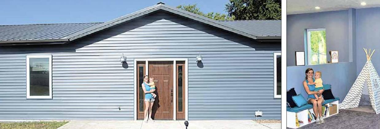 Amanda Niss holds Cal outside the new daycare facility. Right: Amanda Niss with Cal inside the daycare facility, here in the Reading Nook. Ray Kappel/Republican