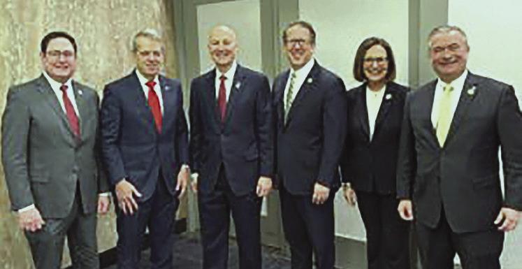 Nebraska’s congressional delegation is shown in Washington. From left: U.S. Rep. Mike Flood, R-Neb., Nebraska Gov. Jim Pillen, U.S. Sen. Pete Ricketts, R-Neb., U.S. Rep. Adrian Smith, R-Neb., U.S. Sen. Deb Fischer, R-Neb., and U.S. Rep. Don Bacon, R-Neb. Feb. 5, 2025. (Courtesy of Nebraska Governor’s Office)