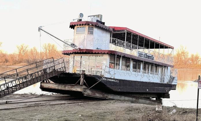 The Spirit of Brownville at sunset last weekend, pulled out of the river and waiting for its annual Coast Guard inspection. Then the question will be whether a pilot can be secured in time for this year’s summer excursions.