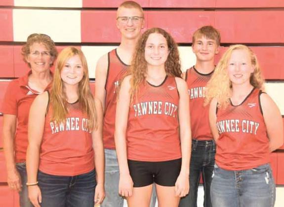 Members of the 2020 Pawnee City Cross Country team are front, from left: Olivia Gottula, Emily Lytle, Allyssa Pierce. Back row: Coach Candace Sejkora, Kaleb