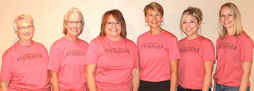 Current employees of the Bank of Steinauer include from left: Marie Schmit, 47 years; Kathy Johnson, 24 years; Suzanne Borcher, 36 years; Carol Schaardt, 36 years; Brittany Freeman, 9 months; Taylor Fink, 5 years.