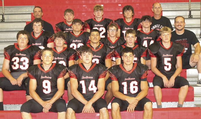 Members of the 2024 Pawnee City Football team are front, from left: Jesse McLaughlin, Jett Farwell, Anthony Kling. Second row: Hayden Binder, Tyler Tegtmeier, Atreyu Kling, Dawson Wilkinson, Cael Johnson. Third row: Aidan Petersen, Dylan Layne, Luke Hunzeker, Malachi Noahr, Asst. Coach Josh Andreson. Back row: Asst. Coach Shane Maloley, Justin Baehr, Payton Rose, Jaydon Johnson, Head Coach Scott Brumbaugh. Not pictured: Asst. Coach Ben Blecha.