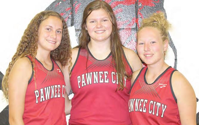 Members of the Pawnee City Cross Country team are from left: Emily Lytle, Kenadie Schmutz and Alyssa Pierce.