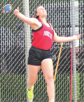P.C.’s Austin Branch with a silver medal toss in the Class D girls’ Discus event at 121’1”. Paula Jasa/Republican