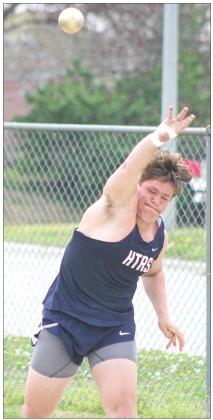 Paula Jasa/Republican HTRS’ Aiden Worthey launches a throw in the boys’ Shot Put. Worthey placed 4th with a toss of 37’2 1/4”.