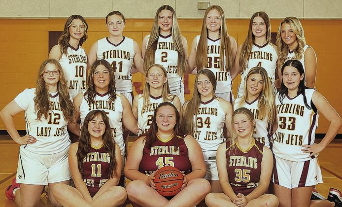 Members of the 2025-26 Lewiston/Sterling Girls’ Basketball Team are from left: front row: Jubilee Matkins, Dakota Andrews, Ayden Hunzeker; middle row: Vivienne Johnson, Bryleigh Crouse, Jocelyn Rathe, Alexandra Vollman, Arielle Bolen, Katelyn Hazen; back row: Braylee Houghton, Sara Wiles, Kynli Portwood, Isabella Lempka, Taylor Truscott, Justice Currie Photo credit: Becky Bartels - Blue Skies Photography