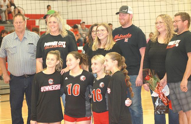 Paula Jasa/Republican Pawnee City held their Parent’s Night for Volleyball and Cross Country on Thursday night. Pictured are the senior Volleyball girls with their parents/host families.