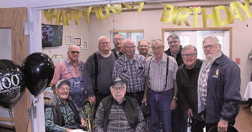 Lawrence Bradbury celebrated his 100th birthday with an open house at Pawnee City Assisted Living Facility. On hand were family and friends including the members of the local Masonic Lodge, seen here with Bradbury. He is a lifelong Mason. Also attending as a mason was Charlie Hatfield, not pictured.