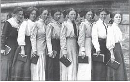 Above: Table Rock juniors on May 3, 1910: Ella Beck Smith, Bessie Hickman Irwin, Ada Mort, Callie Barrett, Addie Wiar Wilcox, Lila Jobe, Gertrude Glenn Trump, and Hazel Taylor Kuhn. Bessie would ______________________________