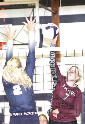 LHS’ DeLanye Currie (#7, right) goes up for a tip over HTRS’ Elie Bstandig (#2, left) last Tuesday night. Paula Jasa/Republican
