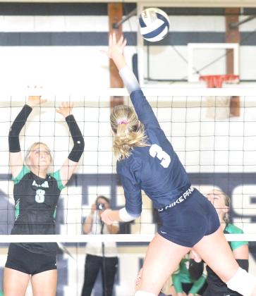 HTRS’ Macy Vrtiska (#3, center) drives a spike past several unsuspecting FCSH players in Tuesday night’s subdistrict final. Vrtiska had 6 kills in the match. Paula Jasa/Republican