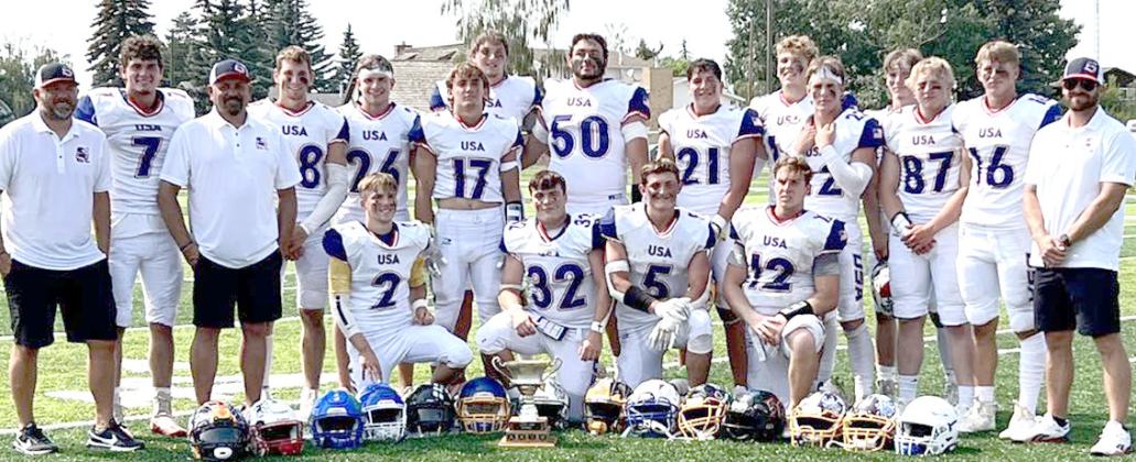 6-MAN FOOTBALL TEAM USA – The 6-Man American football team which was comprised of players from Montana, Nebraska, Wyoming and Texas competed against the Canada team over the weekend and won by a score of 84-16. Pawnee City’s Andy Maloley (#12, front row first from right) was named Captain of the team and played both running back and quarterback in the winning effort. photo courtesy of Jamie Maloley