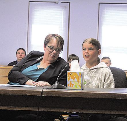 HTRS fifth grader Emory delivers the closing statement for the defense alongside her co-counsel, Diane Merwin