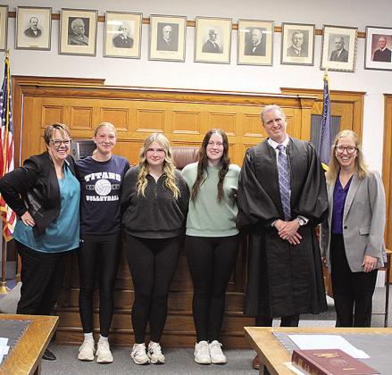 Pawnee County Law Day actors from left to right: Diane Merwin, Makena Dunlap, Adilyn Nincehelser, Lexus Tichy, Judge Jeffrey Gaertig, Emily Sisco