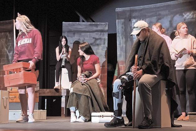 One Act cast member rehearse the beginning of their performance. Picture are Elie Bstandig, Harlee Hardesty, Lillian Bowen, Jon Koch, MaKena Dunlap, and Macy Vrtiska Reagan Connelly~Pawnee Republican