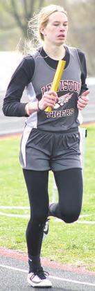 Lewiston’s Katelyn Sanders runs her leg of the 3200 M. Relay. Paula Jasa/Republican