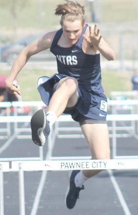 HTRS’ Brandt Leech records a time of 52.26 in the boys’ 300 M. Hurdles. Paula Jasa/Republican