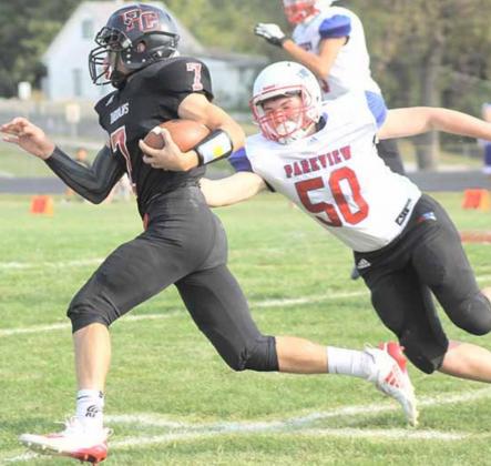 Pawnee City’s Jacob Lytle (#7) clears the corner against Parkview to score his kickoff return touchdown. Paula Jasa/Republican