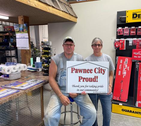 Nick and Renee Boomgaarn are holding our new sign - Pawnee City Proud! The NAPA store looks great inside and out! Thanks for providing a necessary business and for having pride in our community!