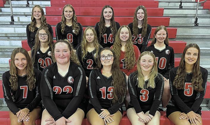 Members of the 2025 Pawnee City Volleyball team are front, from left: Kinsley Benson, Adelyn Sisco, Shayla Puhalla, Kaylee Turnbull, and Emalyse Gottula. Second Row: Breonna Gyhra, Ericca Gyhra, Denielle Gyhra, and Kailey Hartman. Third Row: Ainsley Rauner, Haylee Plager, Ashlyn Puhalla, and Taelyn Blecha. Not pictured: Abby Dietrich, Madelyn Osborne, Head Coach Jordan Amundson, Assistant Coaches Kacie Gyhra and Lauren Moser, Student Managers Aubrey Sisco and Sophia Sunneberg.