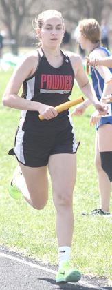 P.C.’s Madison Lytle runs the first leg of the girls’ 3200 M. Relay event. P.C. placed 4th at 9:53.56. Paula Jasa/Republican