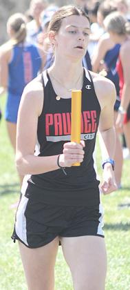Paula Jasa/Republican Pawnee City’s Mallory Branek strides out in the 3200 M. Relay.