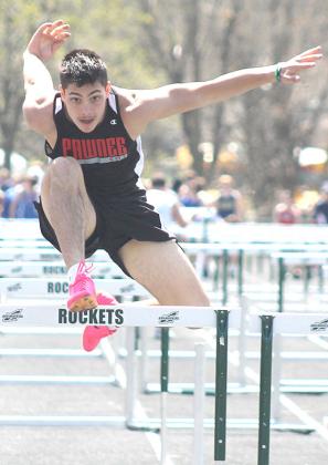 Paula Jasa/Republican P.C.’s Anthony Kling clears his final hurdle of the 110 M. boys’ prelims at the Irish Invitational. Kling finished just out of qualifying for finals at 20.75, but placed 3rd in the 300 M. Hurdle event at 47.03.