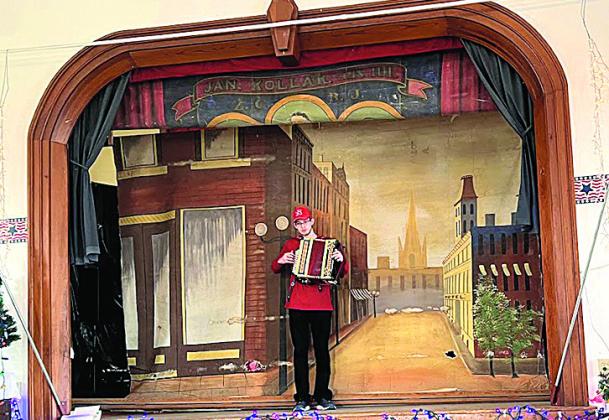 The mid-stage curtain, with Trey Blecha playing during the 100-year anniversary of the Hall in December