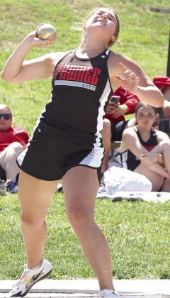 Pawnee City’s Cameron Ottersberg prepares to heave her throw in the Class D-1 Girls’ Shot Put event.